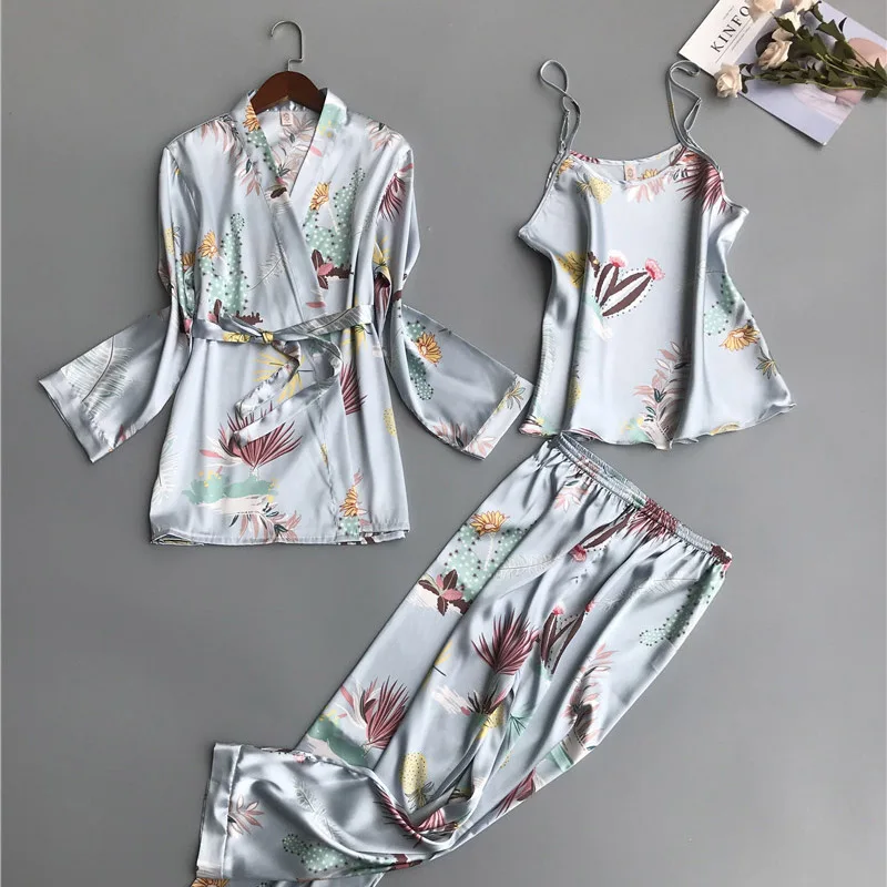 New 3 PCS Women Pajamas Sets with Pants Sexy Pyjama Satin Flower Print Nightwear Silk Negligee Sleepwear
New 3 PCS Women Pajamas Sets with Pants Sexy Pyjama Satin Flower Print Nightwear Silk Negligee Sleepwear