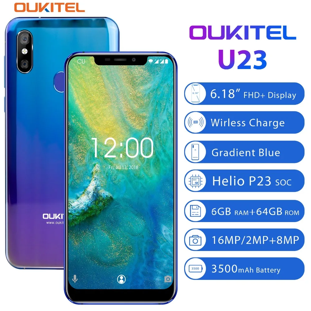 OUKITEL U23 6 18 дюймовый Нотч дисплей Лицо ID Android 8 1 мобильный телефон MTK6763T