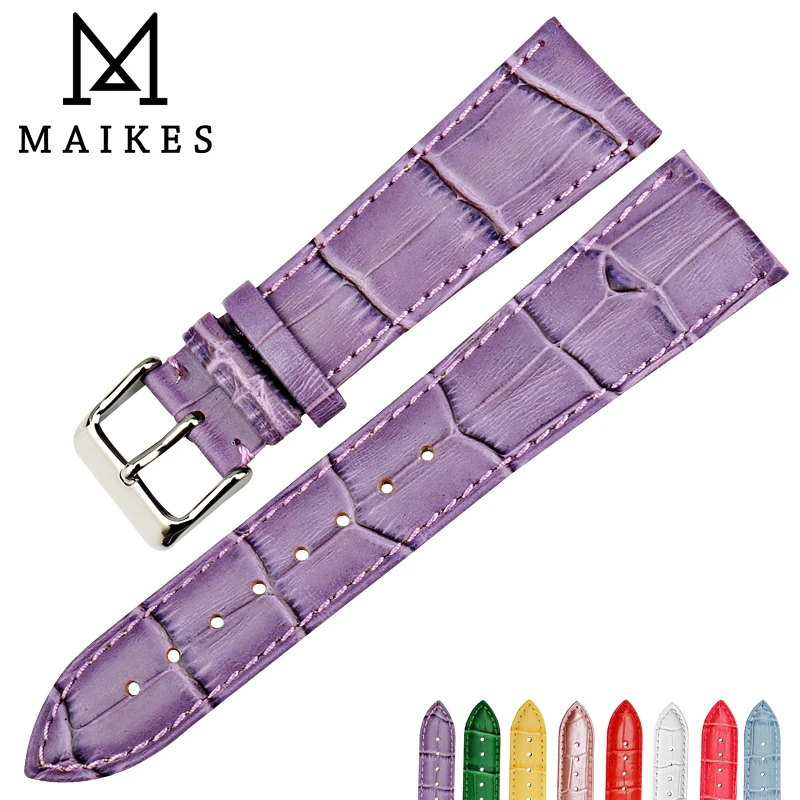 Ремешок MAIKES из натуральной кожи для часов красивый фиолетовый браслет наручных 12