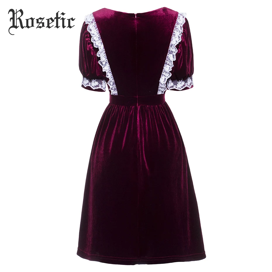 Женское платье в готическом стиле Rosetic бордовое бархатное кружевное пэчворк с