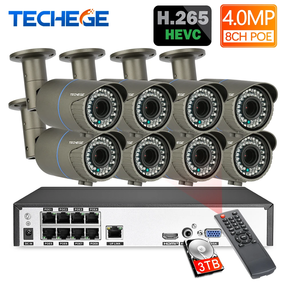 Techege H.265 комплекты видеонаблюдения 8CH PoE NVR набор 4MP 2 8 12 мм моторизованная Zoom камера