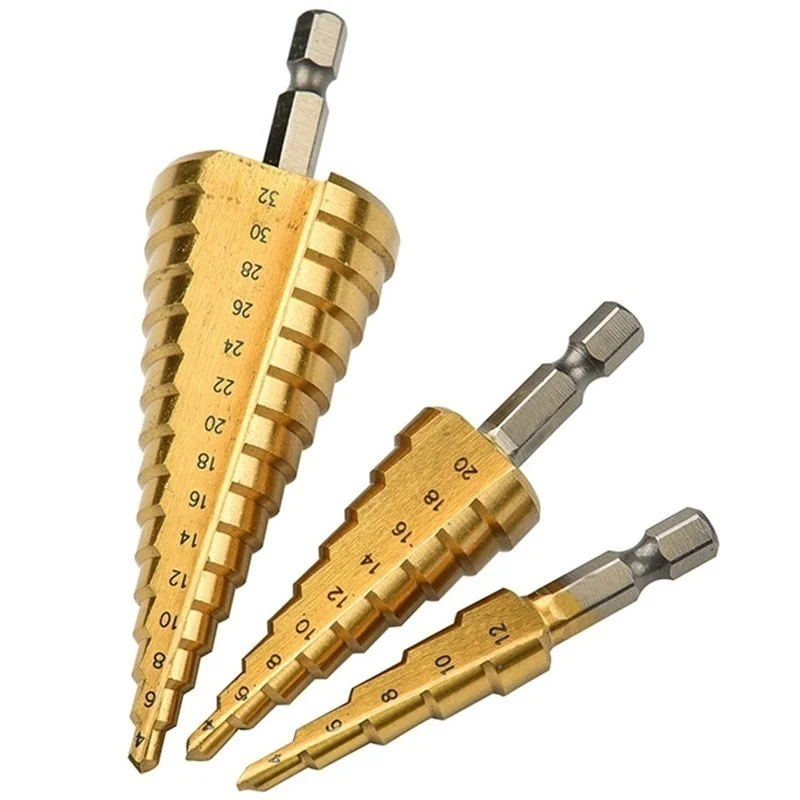 DHL 50 Set 3PCS 4-12mm 4-20mm 4-32mm HSS 4241 Steel Large Step Cone Titanium Coated Metal Drill Bit Cut Tool Set Hole Cutter
DHL 50 Set 3PCS 4-12mm 4-20mm 4-32mm HSS 4241 Steel Large Step Cone Titanium Coated Metal Drill Bit Cut Tool Set Hole Cutter