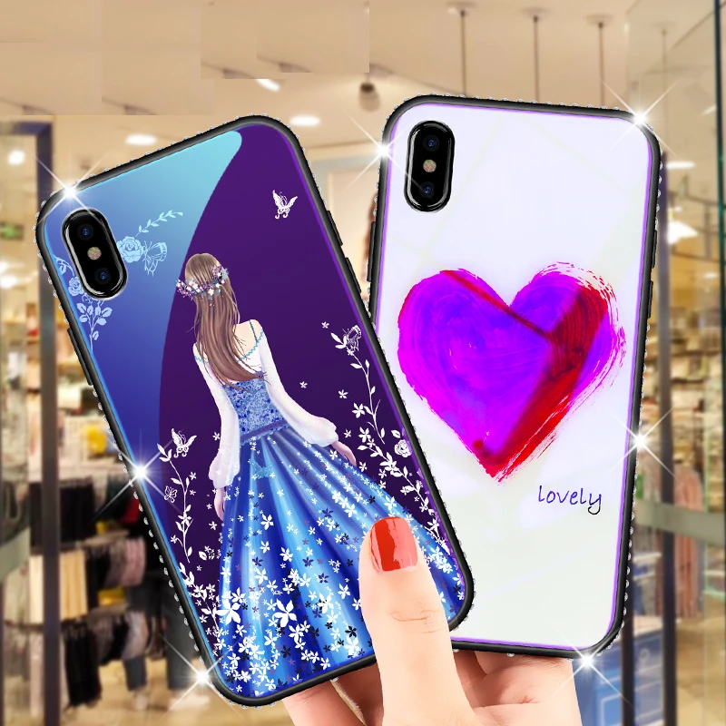 Блестящая стеклянная задняя крышка + ремешок для iPhone X XS Max XR 5S 6 6S 7 8 Plus VIVO Y85 Y79 Y75 Y67