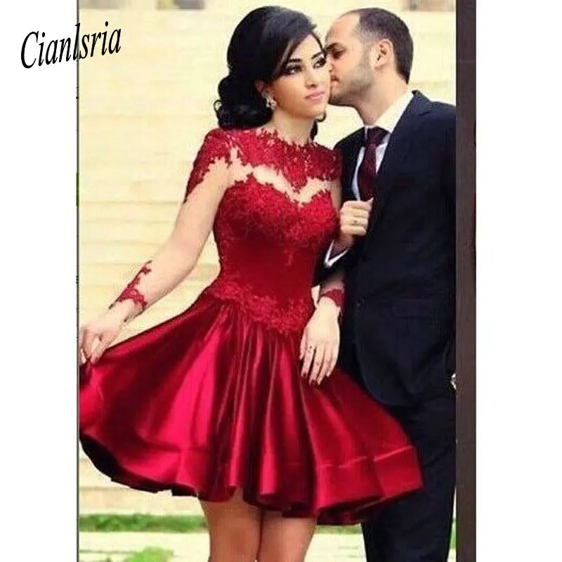 

High Neck Long Sleeves Sheer Red Lace Satin Above Knee Length Homecoming Dresses Short Prom Dress See Through Party Dresses