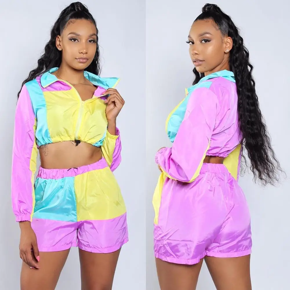 Women Fluorescent Patchwork Tracksuit Long Sleeve Zipper Elastic waist Crop Top With Shorts Club Bodycon Sporting Two Piece Set
Women Fluorescent Patchwork Tracksuit Long Sleeve Zipper Elastic waist Crop Top With Shorts Club Bodycon Sporting Two Piece Set