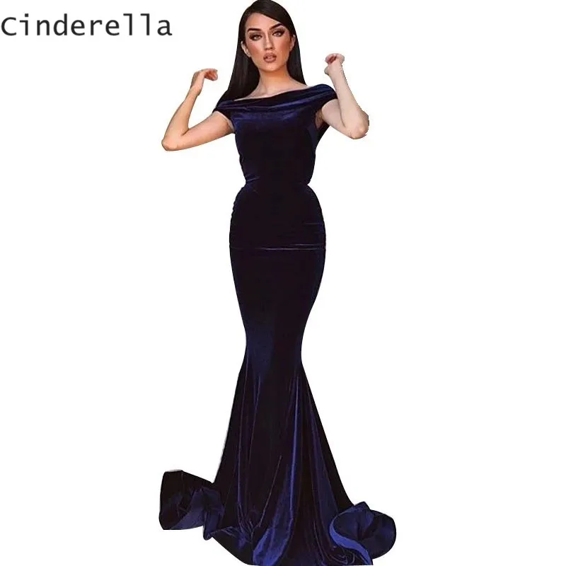 Cinderella Dark Navy Blue Off The Shoulder Court Train Mermaid Velour Prom Dresses Zipper Back Prom Party Evening Gowns
Cinderella Dark Navy Blue Off The Shoulder Court Train Mermaid Velour Prom Dresses Zipper Back Prom Party Evening Gowns