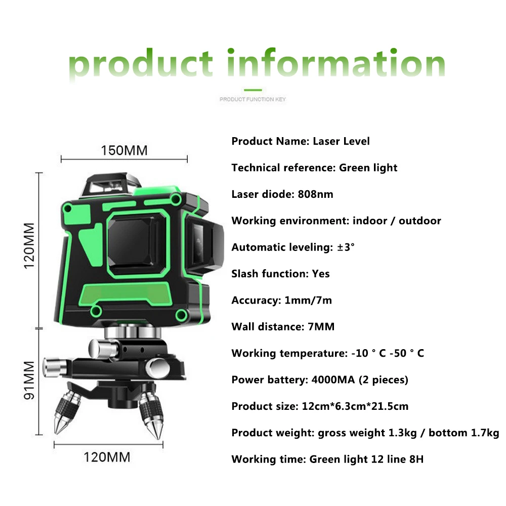3D 12 Lines Laser Level Green Beam with Wall Bracket Self-Leveling 360 Horizontal and Vertical Cross Super Powerful Nivel Laser
3D 12 Lines Laser Level Green Beam with Wall Bracket Self-Leveling 360 Horizontal and Vertical Cross Super Powerful Nivel Laser