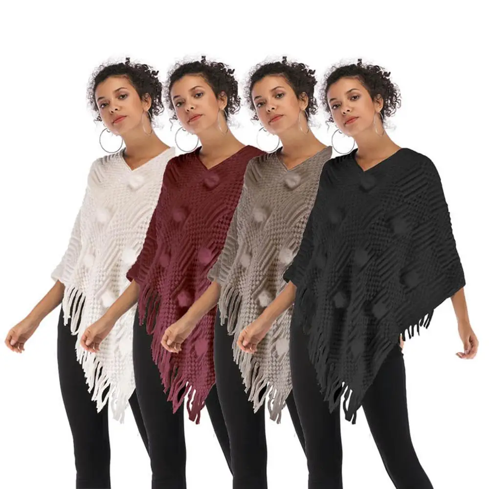 Women's V-Neck Fur Ball Shawl Cape Tassel Irregular Knitted Coat High Quality Free Size |