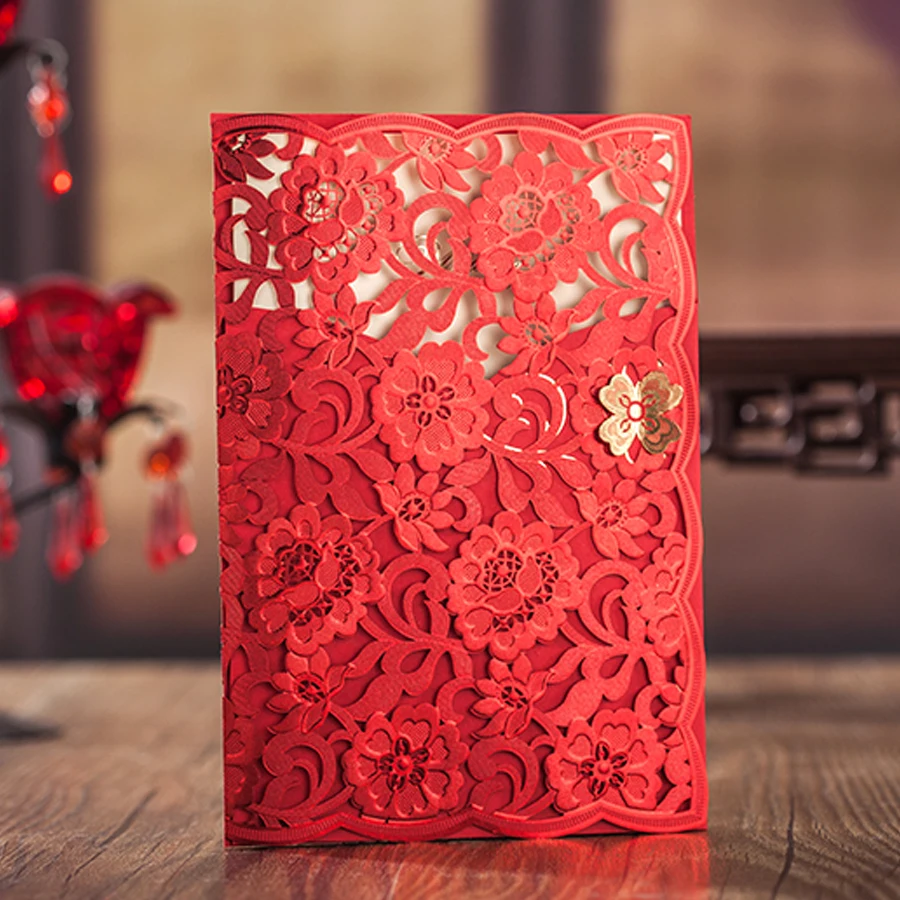 1pcs Wishmade Wedding Invitations with Red Laser Cut Floral Design for Elegant Bridal Shower Invitation Cards Envelopes | Дом и сад