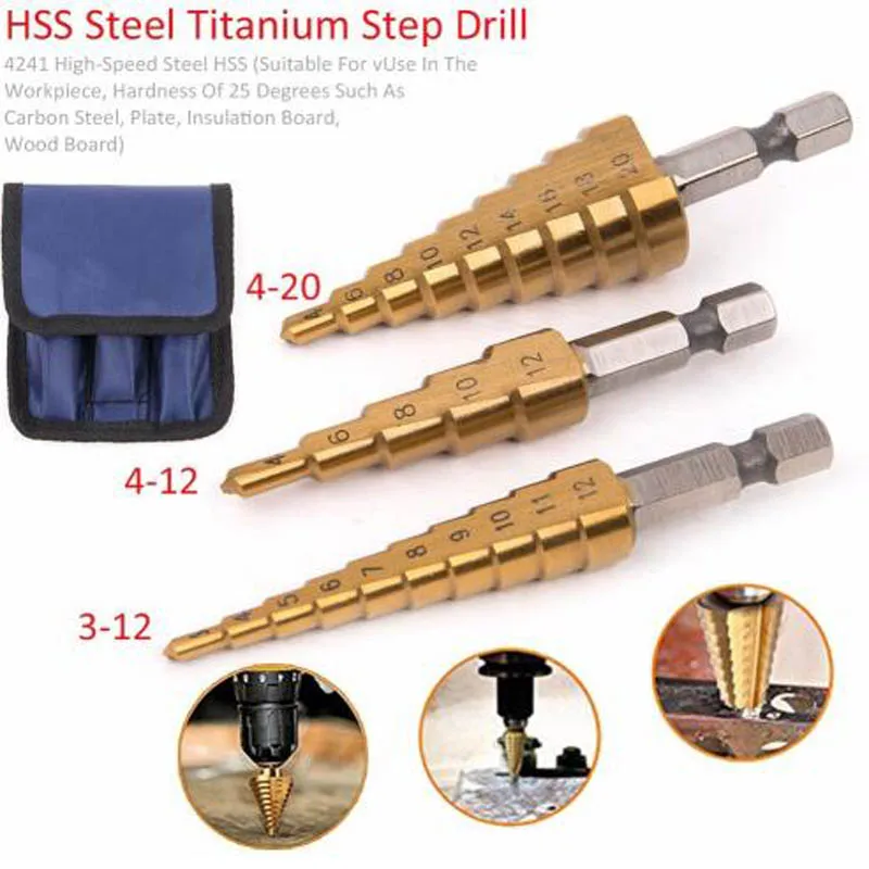 Сверла ступенчатые из быстрорежущей стали, титановые, 3 шт., 3-12 мм, 4-12 мм, 4-20 мм
Сверла ступенчатые из быстрорежущей стали, титановые, 3 шт., 3-12 мм, 4-12 мм, 4-20 мм