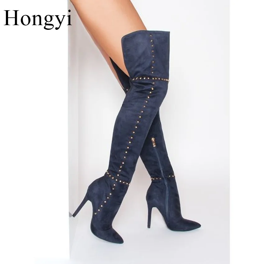 Hongyi 10cm thin high heels sexy pointed toe slim fit ovre the knee boots women suede leather rivets thigh high boots Big size
Hongyi 10cm thin high heels sexy pointed toe slim fit ovre the knee boots women suede leather rivets thigh high boots Big size