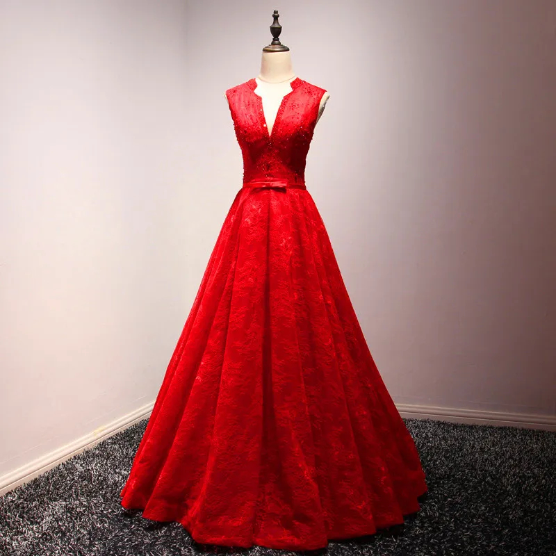 Сексуальный красный глубокий v-образным вырезом бусинами лиф платья выпускного