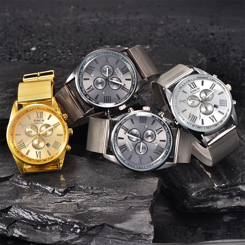 Лидирующий бренд XINEW модные роскошные золотые часы для мужчин с ремешком из