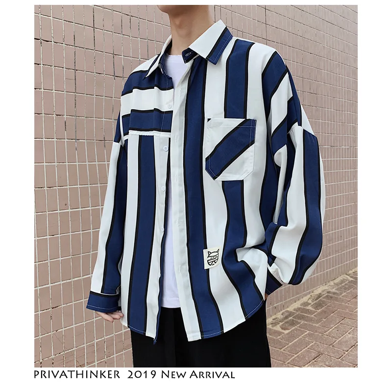 Privathinker мужские полосатые рубашки с длинным рукавом 2020 s Harajuku уличная Лоскутная