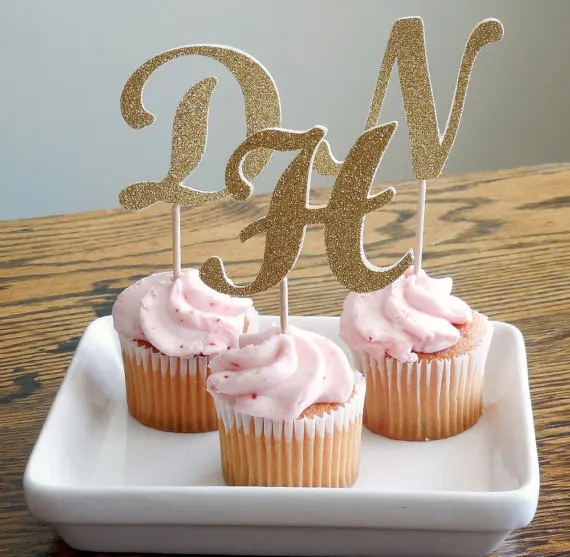 

personalized Initial Glitter Cupcake Toppers Baptism baby shower wedding birthday decorations food picks party supplies