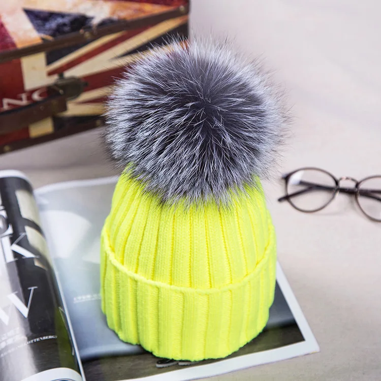 New Autumn Winter women cap real fox fur ball hat Pom poms 15CM knitted female thick protect ear warm Lady Beanies Headgear | Аксессуары
