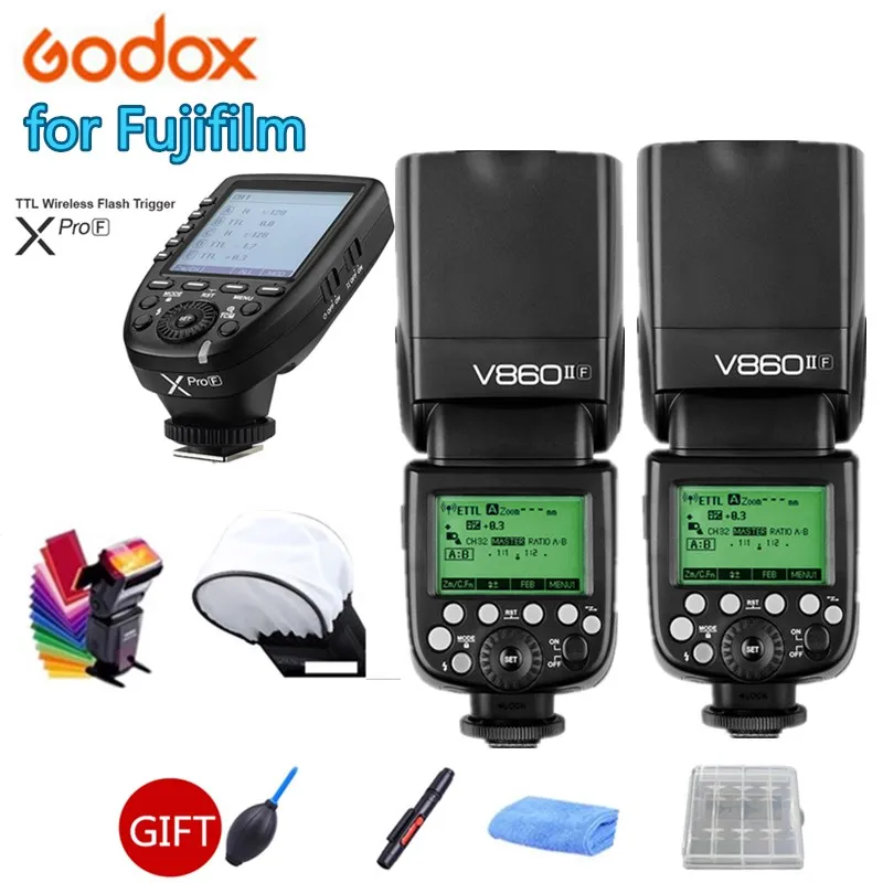 

2X Godox V860II-F Camera Flash TTL HSS 1/8000s Li-ion Battery Speedlite + XPRO-F Trigger for Fujifilm X-Pro2 1 X-T20 X-T10