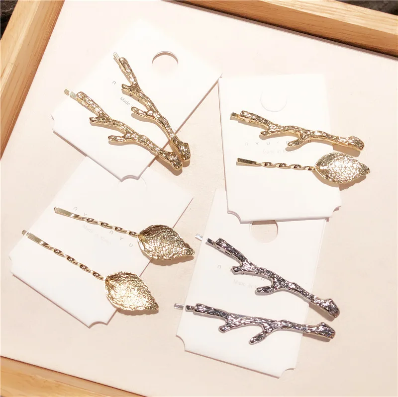 Women Korean style Hairpins Girls alloy leaf Branch Hair Clip Side clamp Barrette Accessories 2019 New 2pcs 1pair | Аксессуары для