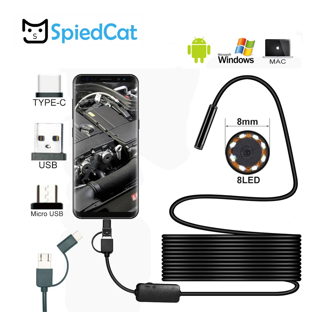 3in1 Micro Тип usb c HD 8 мм миниатюрная камера эндоскоп полу жесткий кабель
