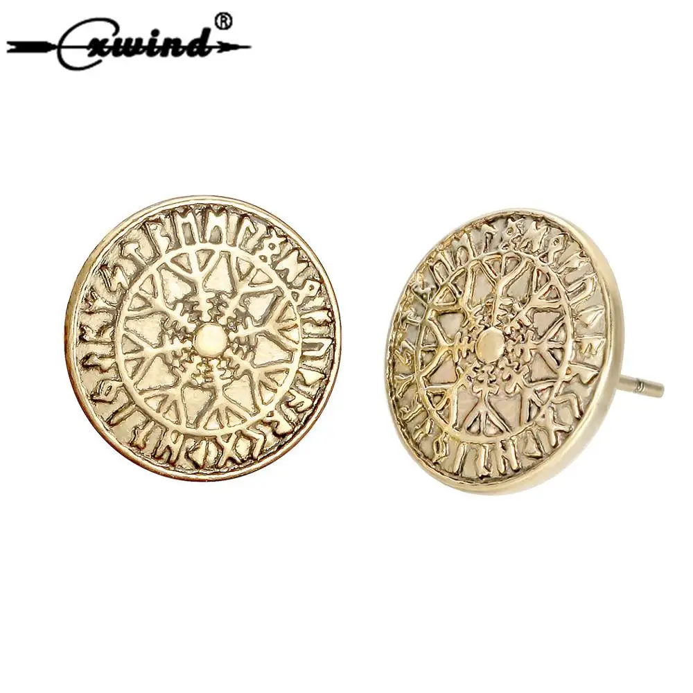 

Cxwind Fashion Retro Viking Runes Stud Earrings For women Odin's Symbol Amulet Earrings Snowflake Shape Round Piercing Jewelry