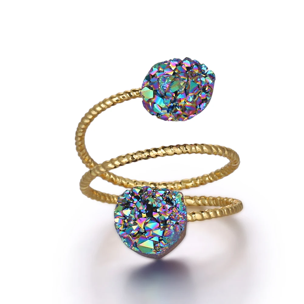 Rainbow Crystal Quartz Wire Wrapped Finger Rings Gold Natural Double Gem Stone Druzy Ring Adjustable for Women Men Drusy Jewelry
Rainbow Crystal Quartz Wire Wrapped Finger Rings Gold Natural Double Gem Stone Druzy Ring Adjustable for Women Men Drusy Jewelry