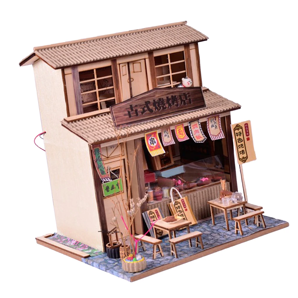 1/24 DIY деревянный кукольный домик миниатюрные наборы античный барбекю ресторан с