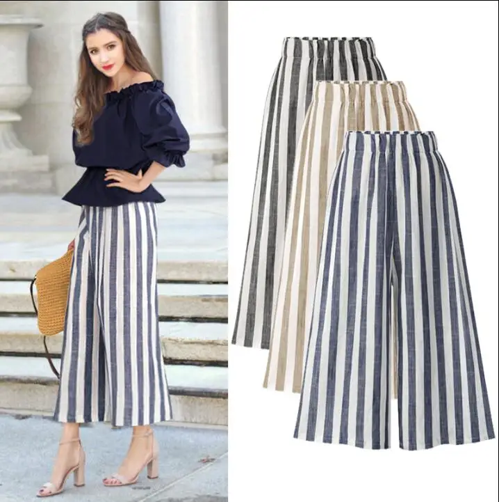 Ankle length loose striped pants women elegant elastic Mid waist Wide Leg pants white blue hit Color Female trousers casual M 5X
Ankle length loose striped pants women elegant elastic Mid waist Wide Leg pants white blue hit Color Female trousers casual M 5X