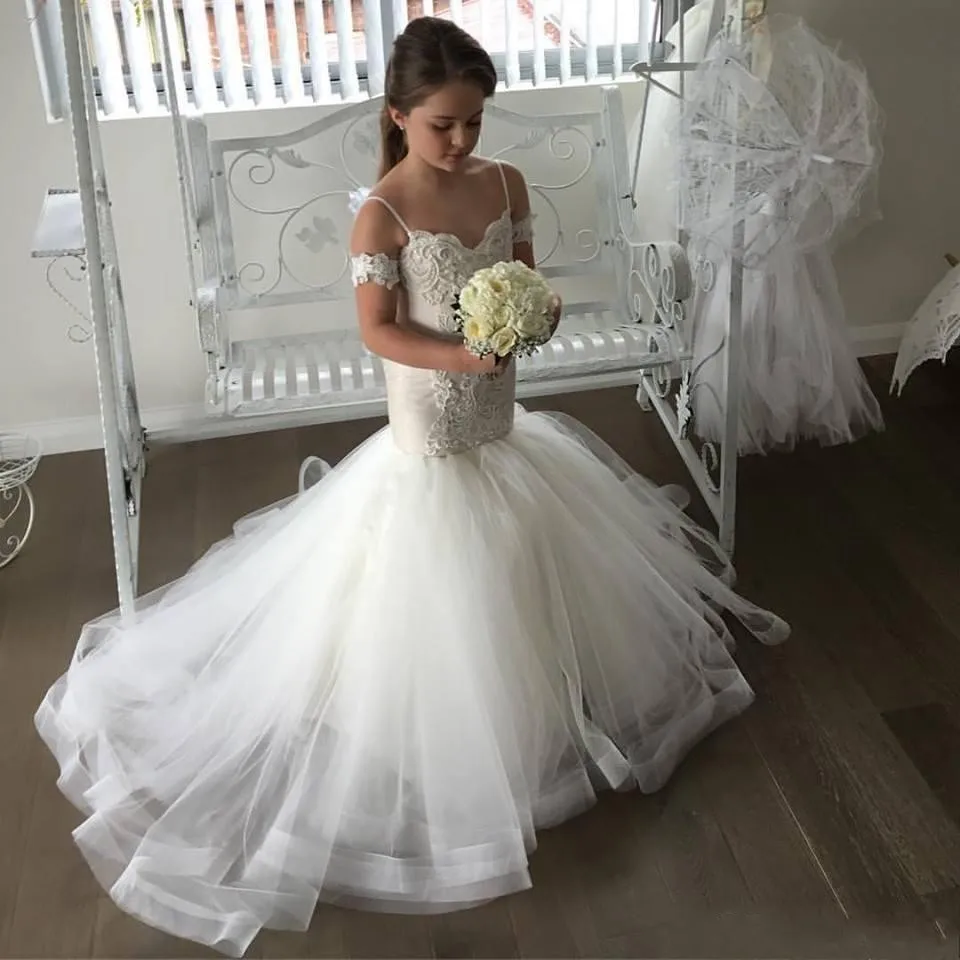 

Off The Shoulder Mermaid Flower Girl Dresses Appliques Organza Pageant Dress First Communion Dresses For Girls