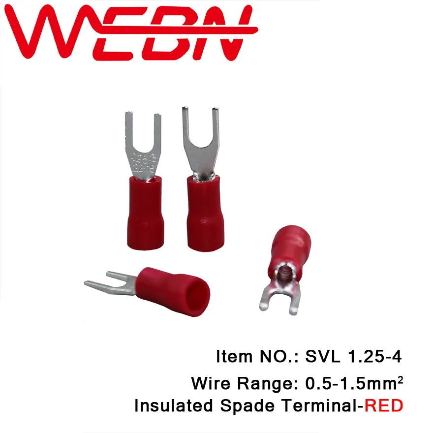 SVL1.25-4 Crimping Insulated Spade Terminal Fork Type Copper&PVC Material Red for Wire Range 0.5-1.5mm2 22-16 AWG 1000pcs/Pack
SVL1.25-4 Crimping Insulated Spade Terminal Fork Type Copper&PVC Material Red for Wire Range 0.5-1.5mm2 22-16 AWG 1000pcs/Pack