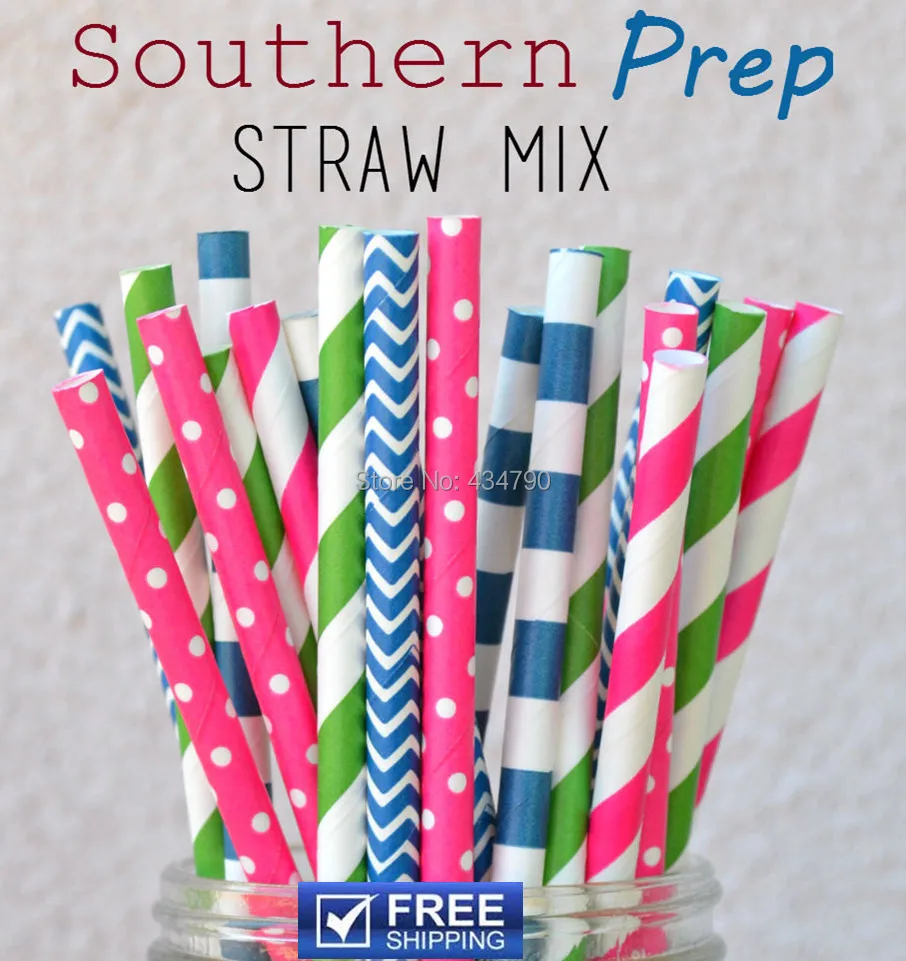 

250pcs Mixed 5 Designs Southern Prep Paper Straws, Navy, Hot Pink, Green, Deep Pink Striped, Swiss Dot, Chevron, Sailor Stripe