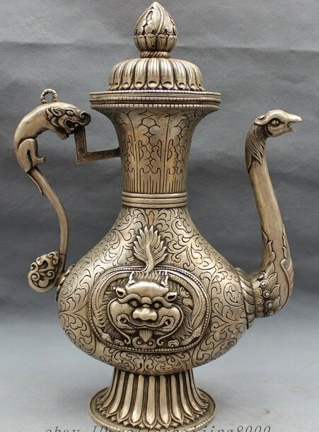 decoration bronze factory outlets Tibet Silver 13" Chinese Silver Buddhism Lion Head Statue Dragon Phoenix Wine Pot Teapot
decoration bronze factory outlets Tibet Silver 13" Chinese Silver Buddhism Lion Head Statue Dragon Phoenix Wine Pot Teapot