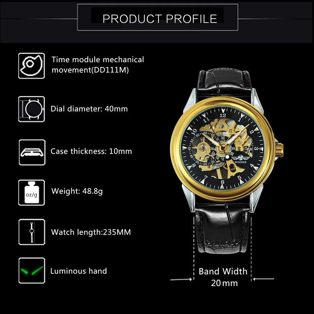 Мужские часы WINNER деловые унисекс с кожаным ремешком и 3D циферблатом | Наручные