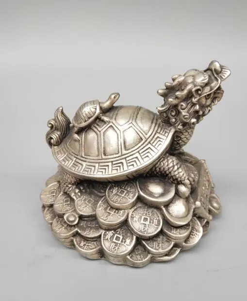 Chinese Archaic white copper dragon turtle lucky wealth statue