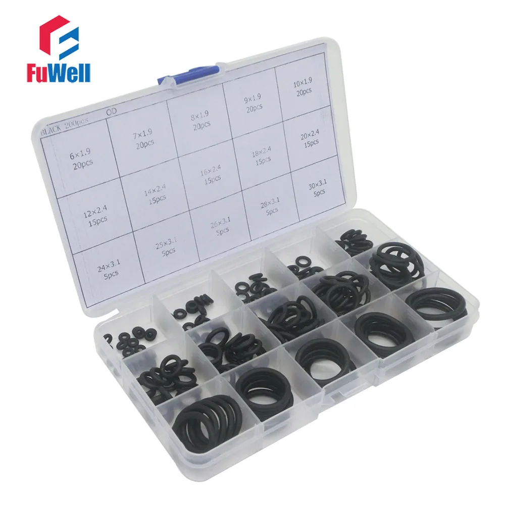 

200pcs Black NBR O Ring Seal Kit 15 Different Sizes O-ring Gasket Set Good Oil Resistant O Ring Assortment Set with Plastic Case