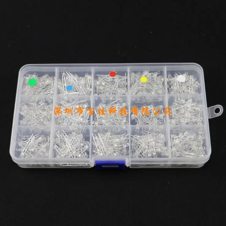 Transparent 3mm (red, yellow, blue, green and white each of 150pcs) LED light-emitting diode set, a total of 750pcs
Transparent 3mm (red, yellow, blue, green and white each of 150pcs) LED light-emitting diode set, a total of 750pcs