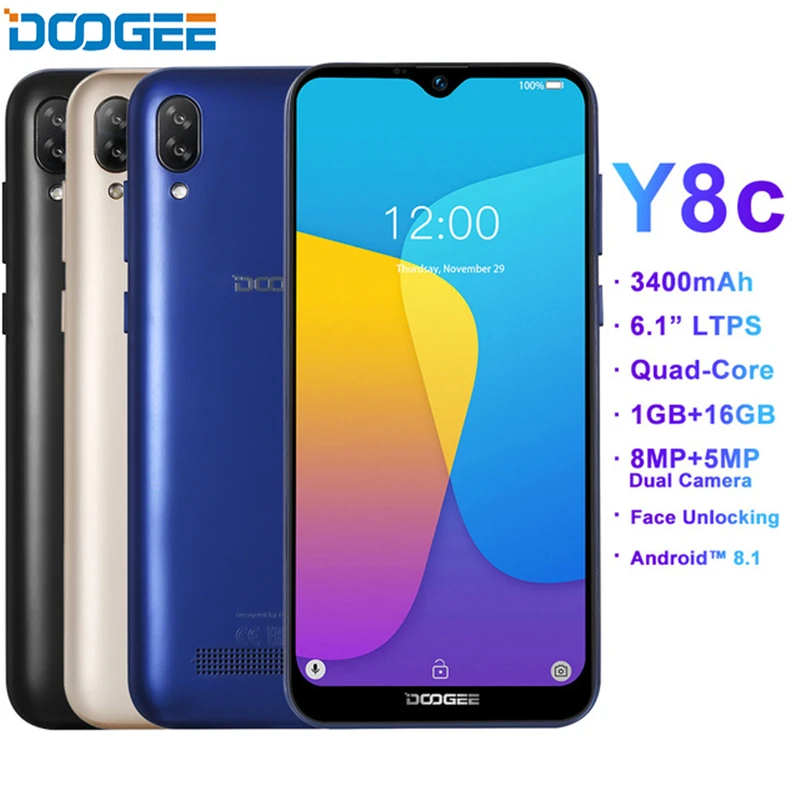 DOOGEE Y8C 6 1 дюймов водоотталкивающий смартфон Android 9 0 MTK6580 ГБ 16 отпечаток пальца ID 8 Мп