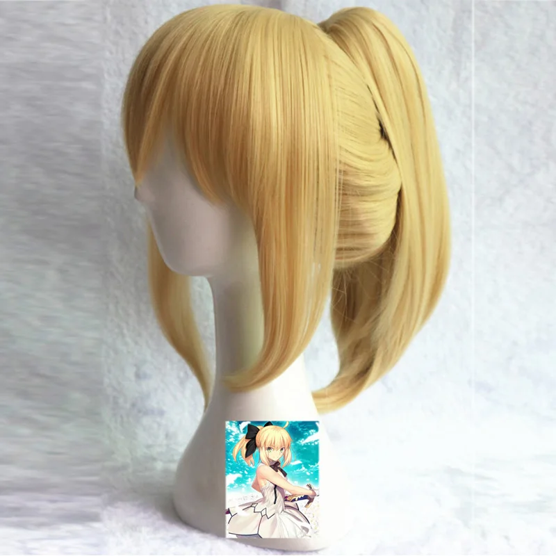 35 см Fate stay night saber lily Cosplay Полный парик из золотых синтетических волос с конским