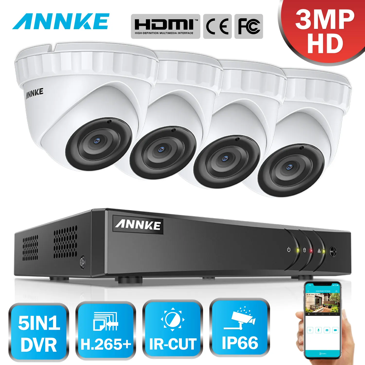 ANNKE 4CH 3MP 5in1 CCTV DVR HDMI Hybrid 4 шт. 1920*1536 Smart IR Cut купольная наружная охранная камера