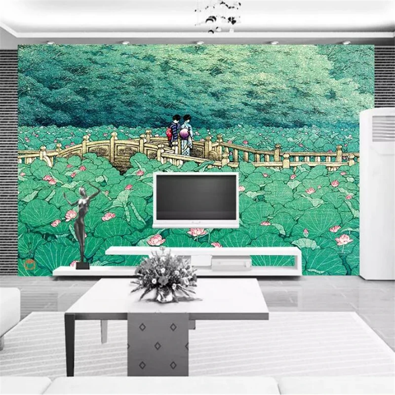 

beibehang Custom large wallpaper 3d living room mural Japanese style lotus bridge beautiful wall papers home decor 3d wallpaper