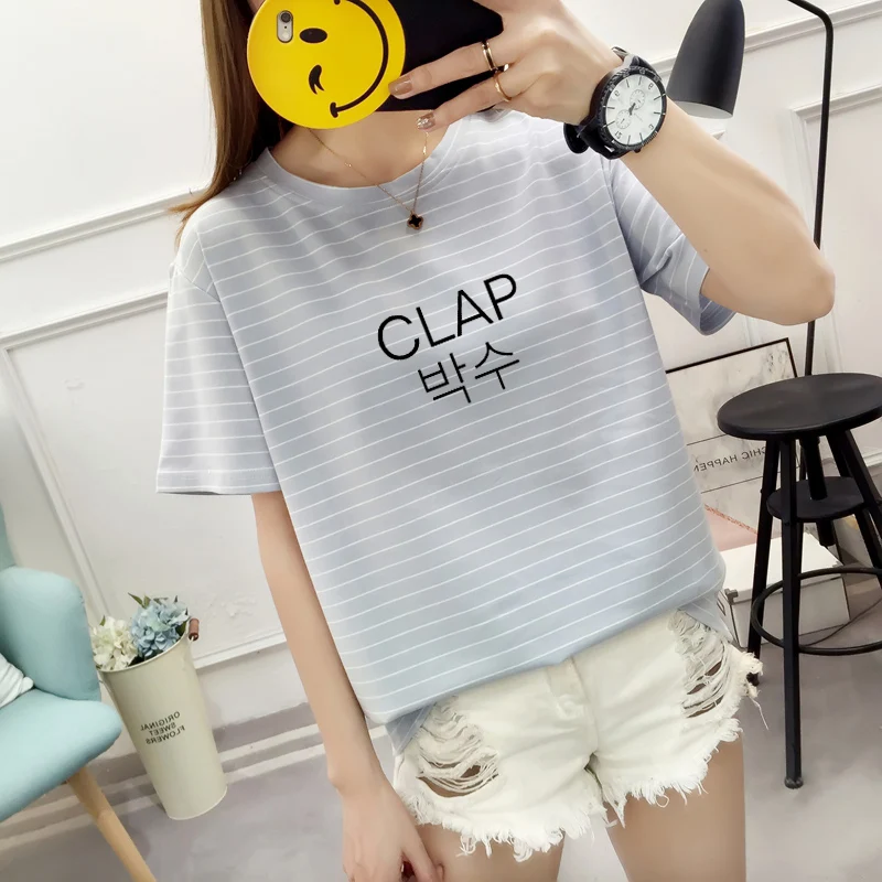 Summer New Striped Female Tee Shirt Harajuku Streetwear Women's T-shirt Korean CLAP Letter Print Cotton Short Sleeve O-Neck Tees
Summer New Striped Female Tee Shirt Harajuku Streetwear Women's T-shirt Korean CLAP Letter Print Cotton Short Sleeve O-Neck Tees