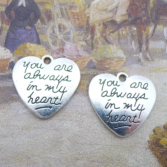 100pcs Charm you are always in my heart lettering pendant 20*21mm Antique silver Handmade Jewelry Making DIY Alloy accessories
100pcs Charm you are always in my heart lettering pendant 20*21mm Antique silver Handmade Jewelry Making DIY Alloy accessories