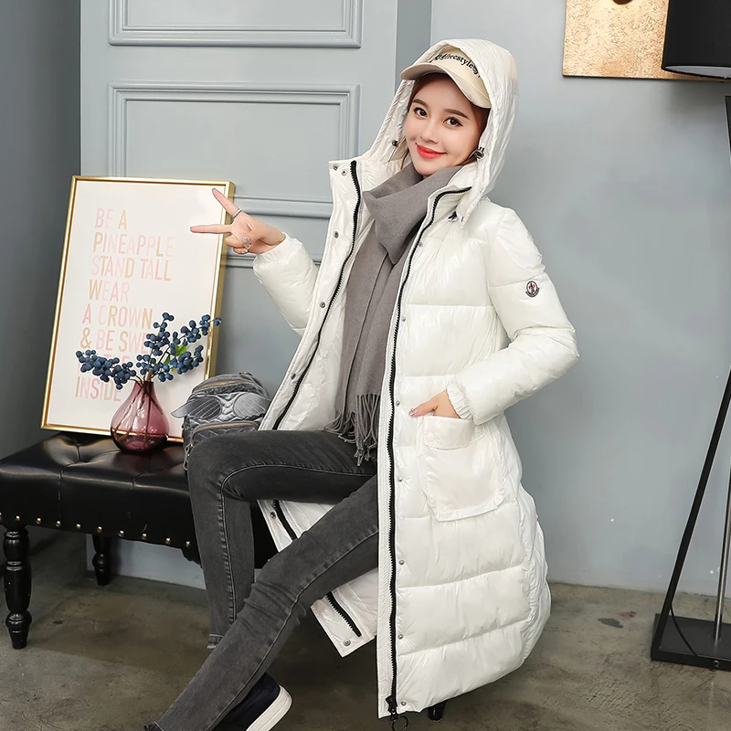 Мода 2019 зима новая глянцевая длинная куртка на утином пуху Женская парка с