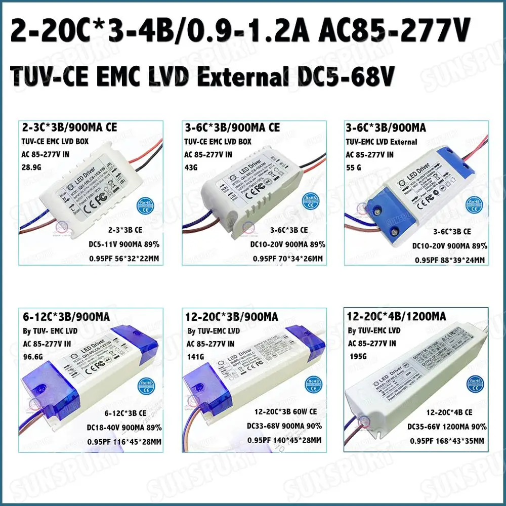 

2-20Pieces TUV-CE EMC LVD PF External 5-80W AC85-277V LED Driver 2-20Cx3-4B 0.9-1.2A DC5-68V Constant Current Lamp Free Shipping