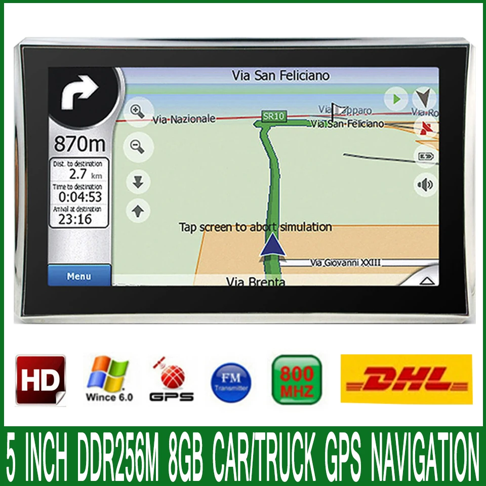 Бесплатная доставка dhl 5 дюймов HD Автомобильный MTK CE 6 0 GPS навигация FM/8 GB/DDR 256M