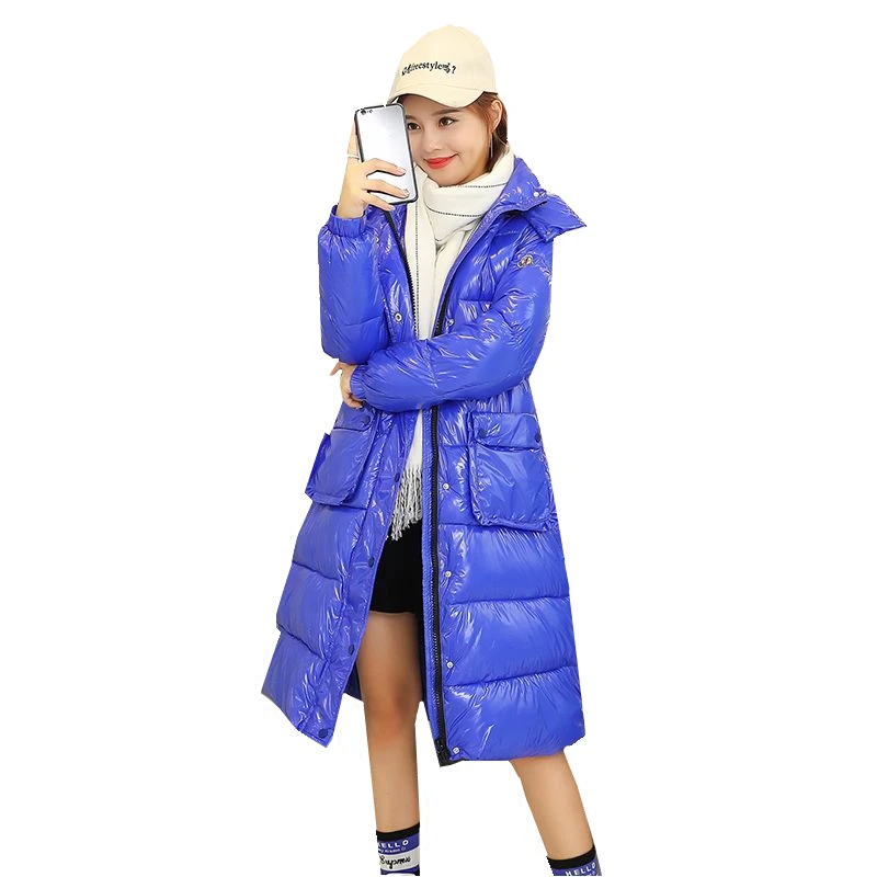 Мода 2019 зима новая глянцевая длинная куртка на утином пуху Женская парка с