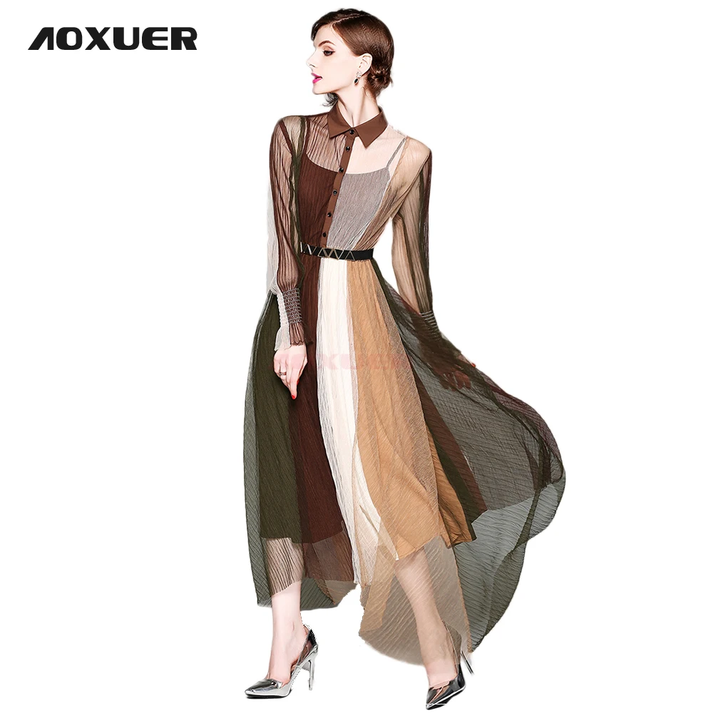 Aoxuer новые летние из тонкой сетки тонкий повседневные платья Для женщин с длинным