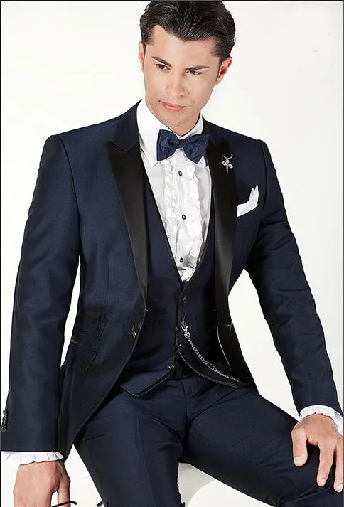 

Attractive One Button Peak Lapel Navy Blue High quality Groom Tuxedos Bridegroom Suits Groomsman Suit (Jacket+Pant+vest+tie)