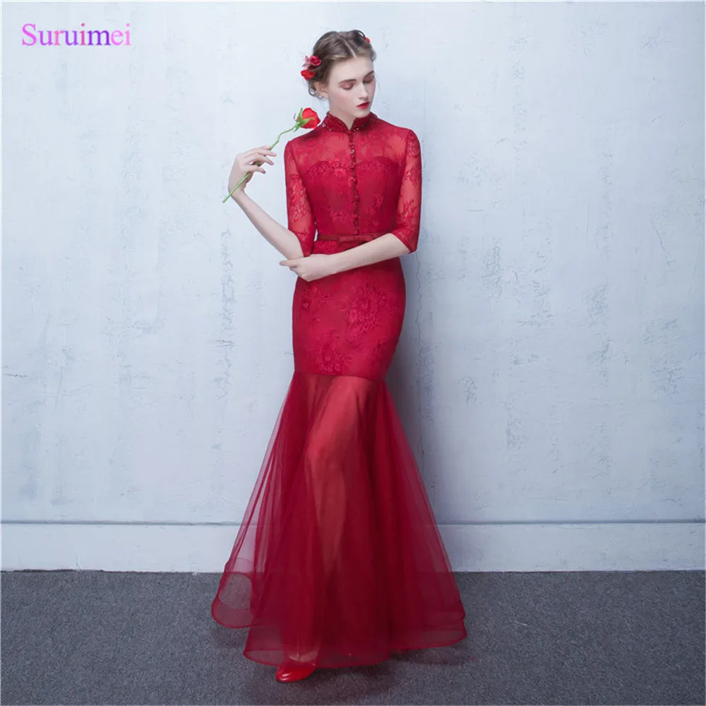 

Vintage Rose Red Evening Dresses with Sleeves Sheer Illusion See Through Tulle Skirt O Neck Button Long Semi Formal Evening Gown