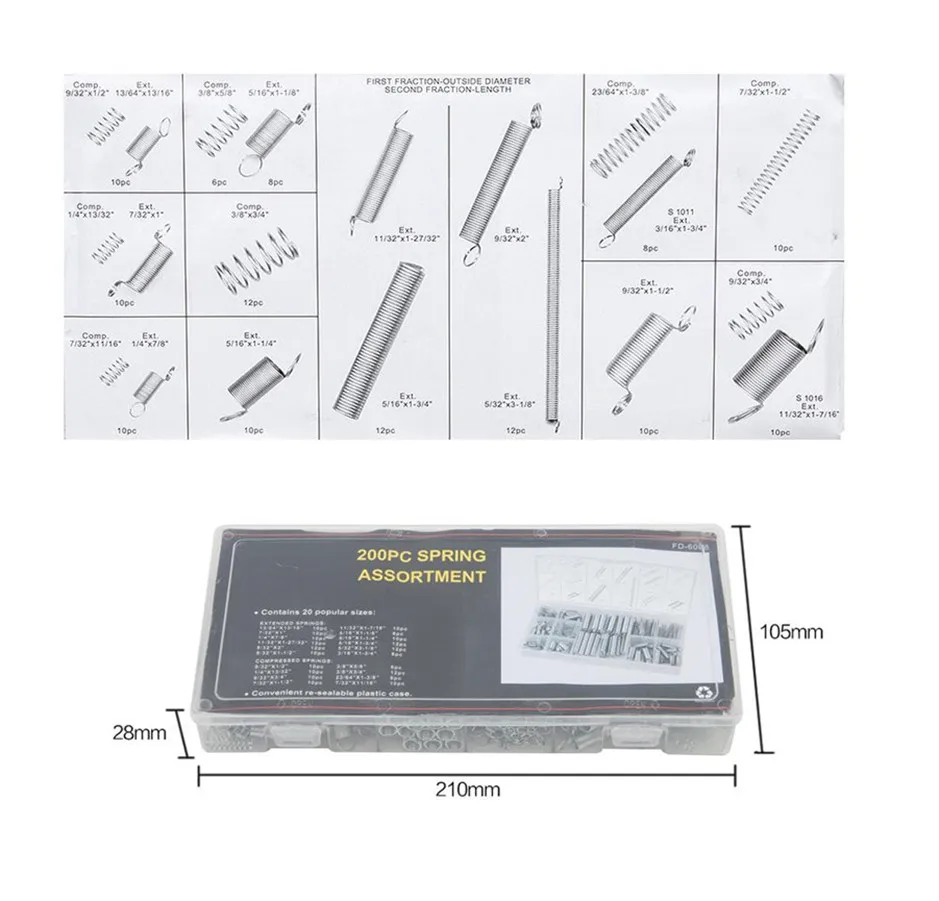 200pcs/pack Steel Spring Electrical Hardware Spring Extension Tension Springs Hardware Kit Pressure Suit Metal Assortment
200pcs/pack Steel Spring Electrical Hardware Spring Extension Tension Springs Hardware Kit Pressure Suit Metal Assortment