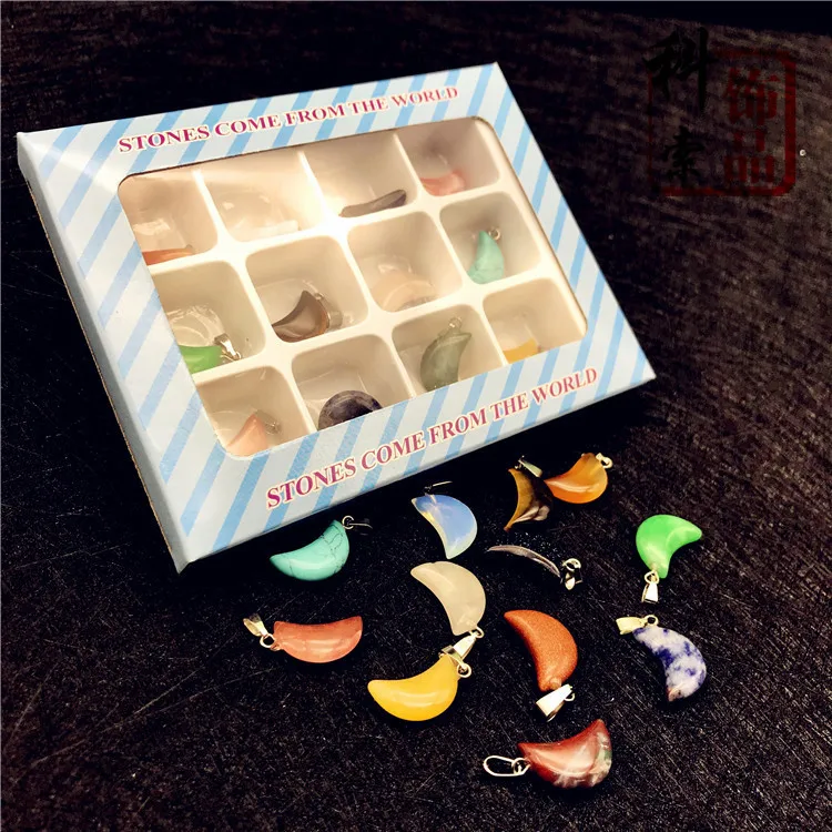 Natural crystal stone agate semi-precious stone crescent shape mixed color 12 boxes pendant
Natural crystal stone agate semi-precious stone crescent shape mixed color 12 boxes pendant
